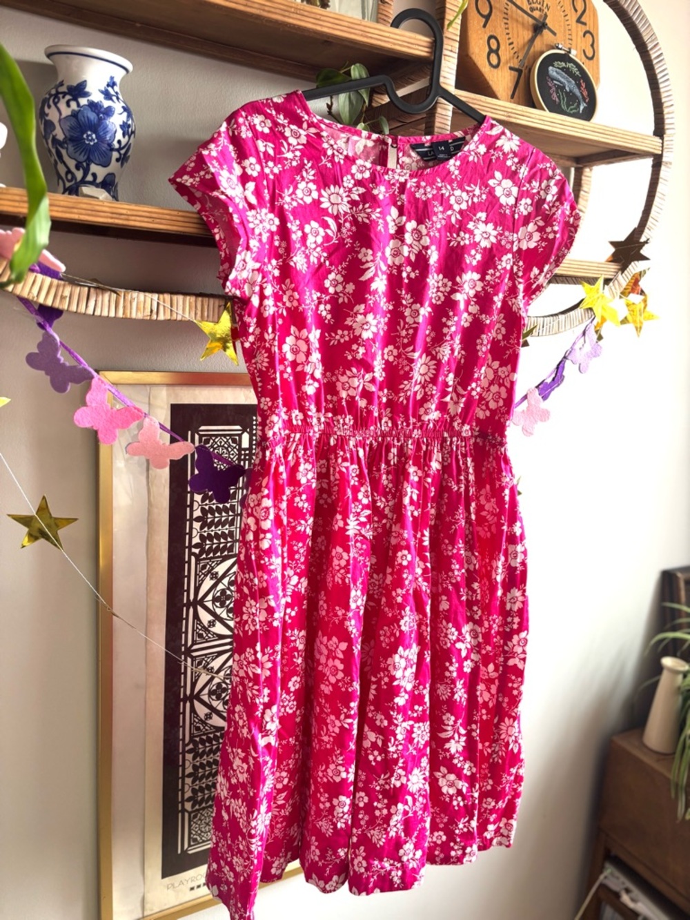 Lands' End Kids Hot Pink Floral Cap-Sleeve Dress girls size 14